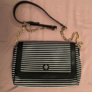 Tory Burch Black/White Stripe Leather Kerrington Crossbody Bag